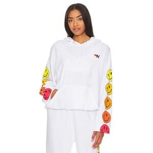 Aviator Nation Smiley Face Hoodie White Sleeve Print Pullover Large